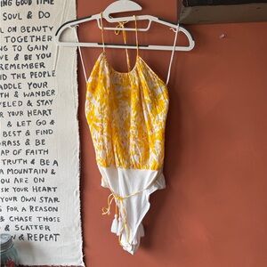 Free People Yellow Floral Halter Bodysuit with White Bottom
